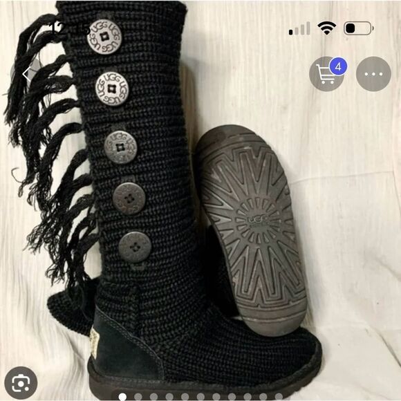 Black fringe Cardy sweater knit pull on button up boots, 9.5 guc - Picture 1 of 10